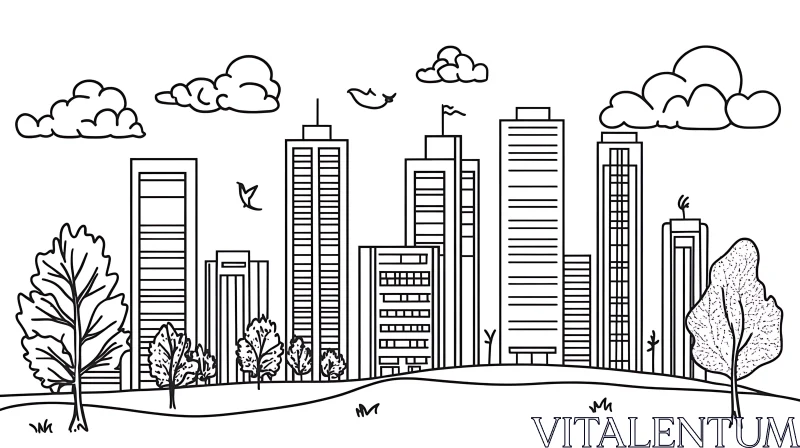 Urban Line Art with Skyscrapers and Trees AI Image