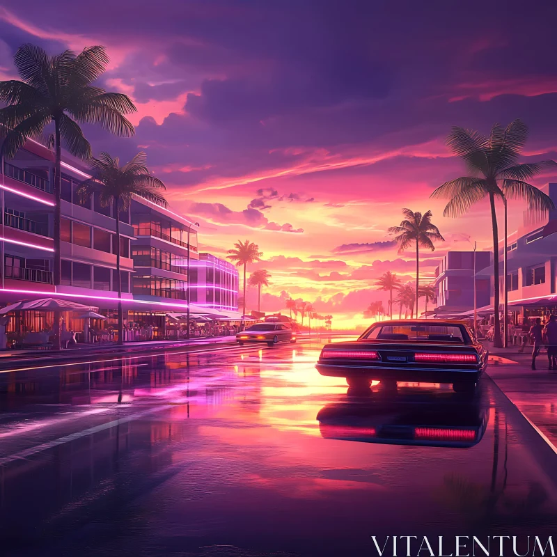 AI ART Neon-Lit Sunset Cityscape with Cars and Palm Trees