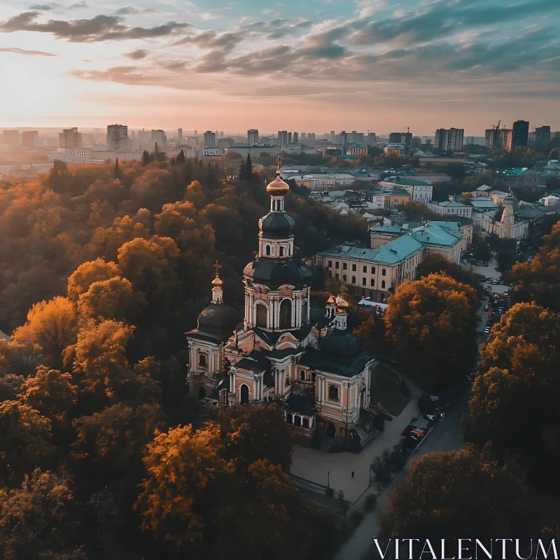 AI ART Historic Church and Cityscape with Autumnal Foliage