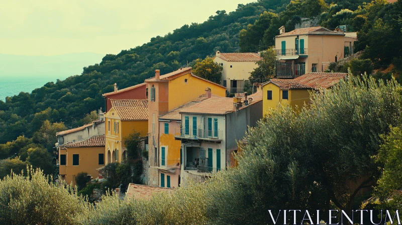 Colorful Mediterranean Houses on a Hillside AI Image