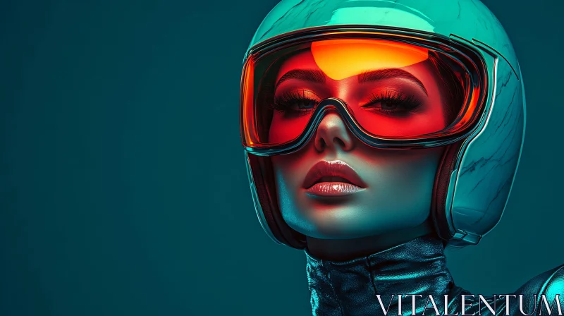 AI ART Fashionable Woman in Futuristic Helmet and Neon Glasses