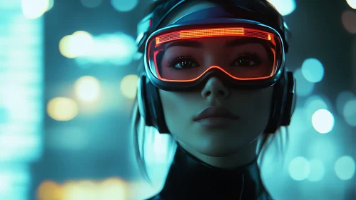 Cyber Woman with Neon Headset in Future Cityscape