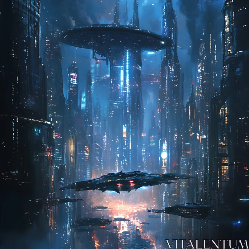 Neon-Lit Futuristic City with Space Station and Hovering Ships AI Image