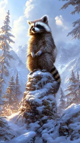 Raccoon on a Snowy Rock