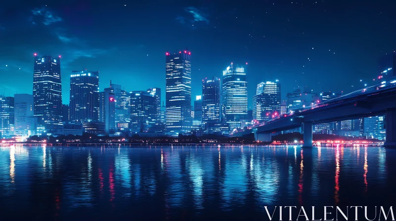 AI ART Evening Cityscape with Illuminated Buildings and Bridge