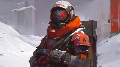 Advanced Armor Soldier in a Snow-Covered Cityscape