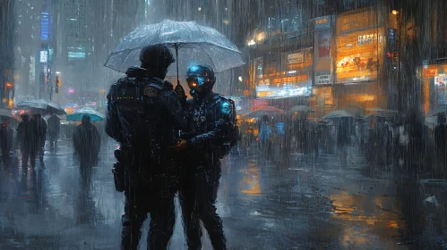 Cyberpunk City Night Scene with Futuristic Police