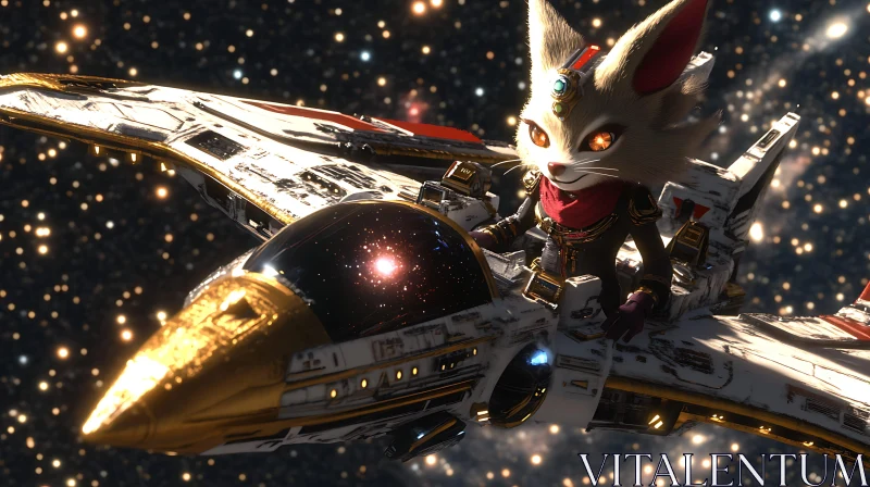 Anthropomorphic Cat Piloting Sleek Spaceship Among Stars AI Image