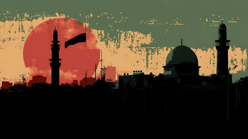 City Silhouettes at Sunset with Mosque and Flag