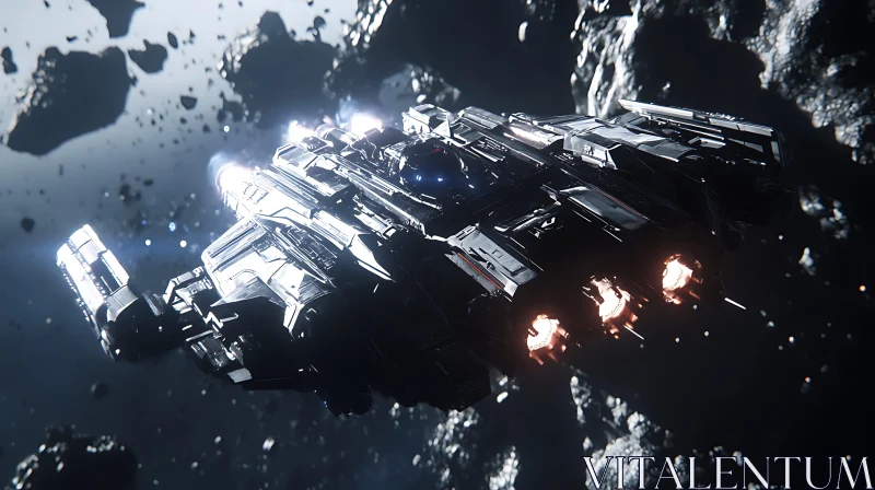 Intricate Spaceship in Asteroid Field AI Image