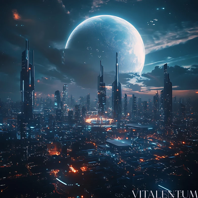 AI ART Sci-Fi City Skyline Under the Moonlight