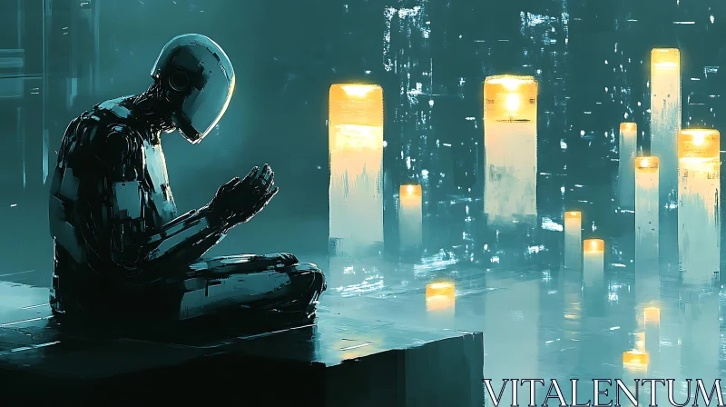 AI ART Meditating Cyborg with Futuristic Lights