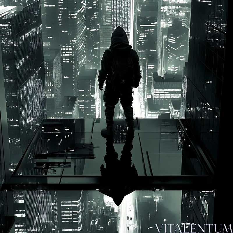 Solitary Figure on Glass Platform in Cyberpunk City AI Image