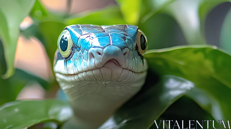 Intense Snake Portrait Among Leaves AI Image