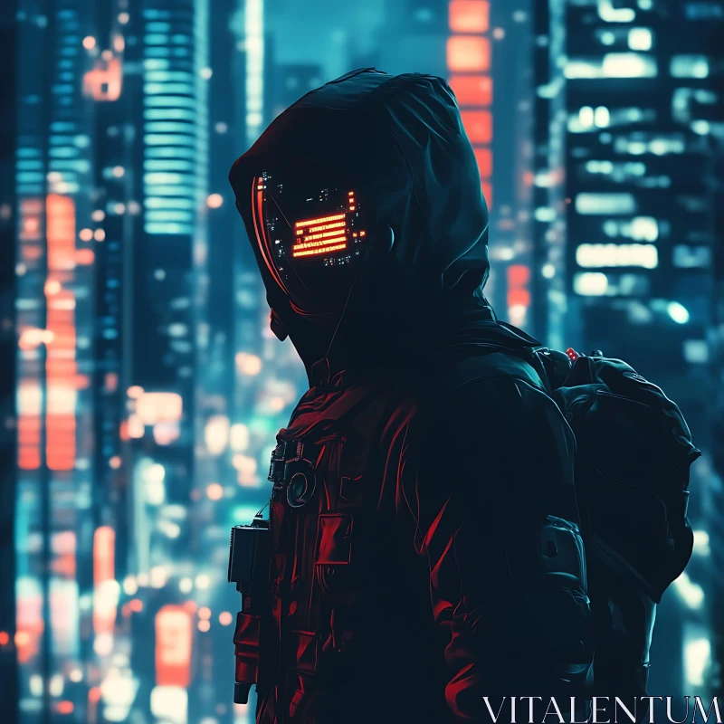 Masked Figure in Neon-Lit Futuristic City AI Image