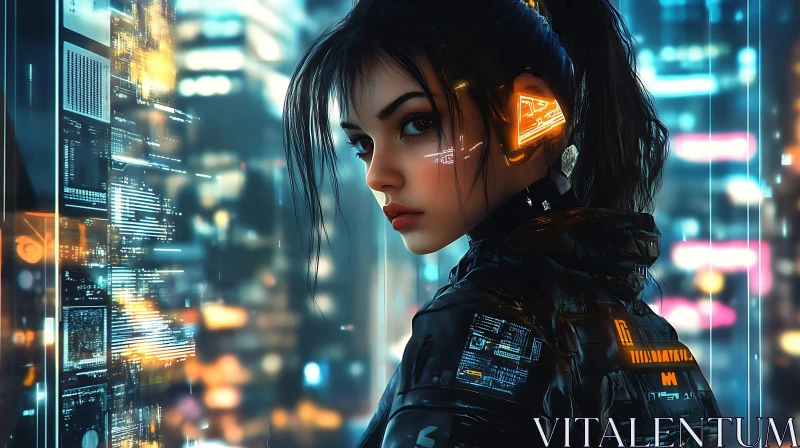 Young Woman in High-Tech Gear in Cyberpunk Setting AI Image