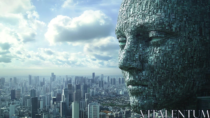 Giant Technological Face Overlooking a Modern Metropolis AI Image