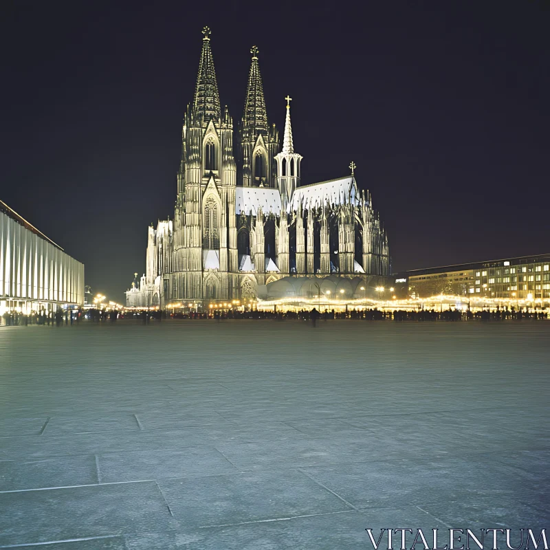 Gothic Cathedral Illuminated Against Night Sky AI Image