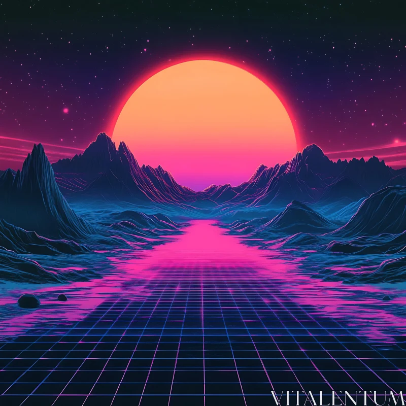 AI ART Neon Synthwave Landscape with Grid and Sunset