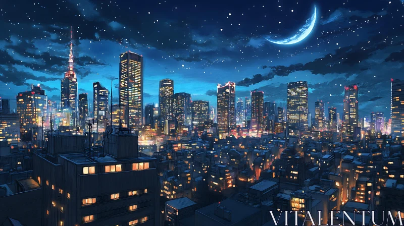 AI ART Urban Skyline at Night with Starry Sky