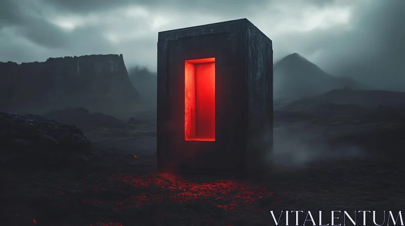 AI ART Eerie Red-Glowing Monolith in Dark Fog