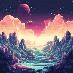 Fantasy Pixel Art of Mountainous Landscape at Sunset