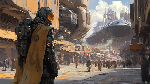 Urban Sci-Fi Scene with Advanced Armor and Flying Vehicles