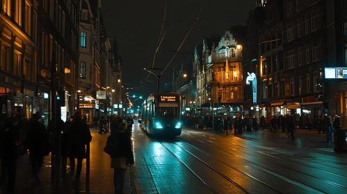 Urban Night Scene with Tram and Streetlights