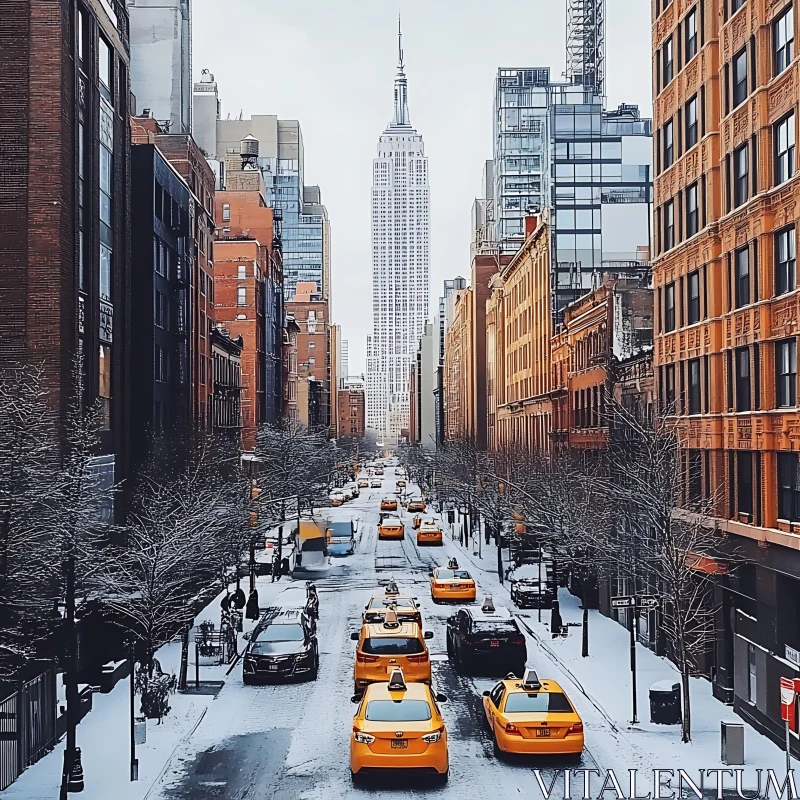 Urban Winter Wonderland Featuring Yellow Taxis AI Image