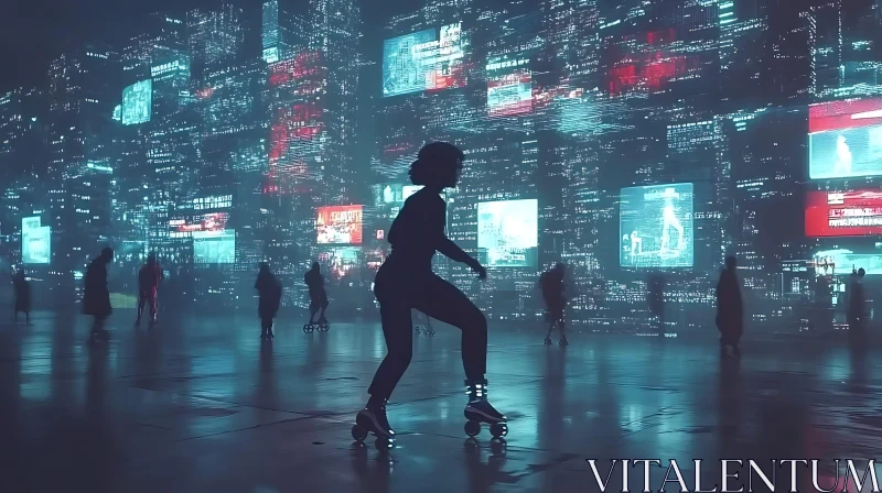 Neon-lit Cityscape with Roller Skater AI Image