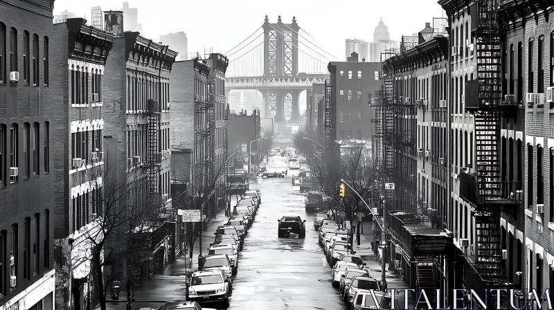 Brooklyn Street and Manhattan Bridge in Black and White AI Image