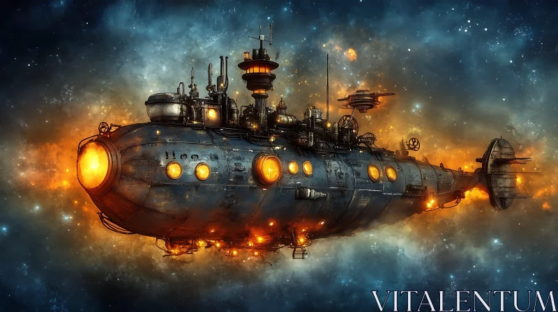 Futuristic Steampunk Spaceship in Space AI Image