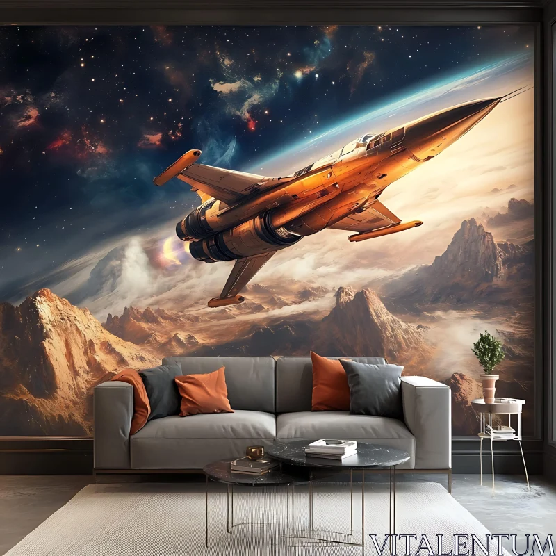 Cosmic Spaceship Mural in Stylish Living Area AI Image