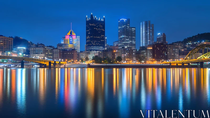 Night Skyline Reflections with Illuminated City Buildings AI Image