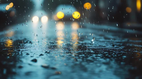 Night Rain with City Bokeh and Wet Street