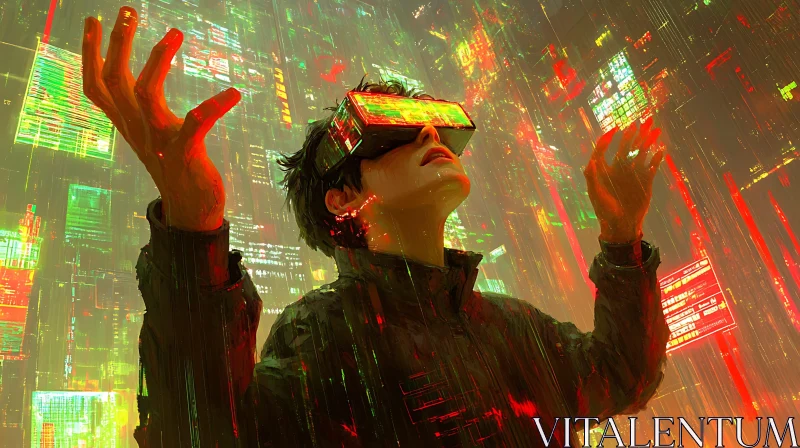 Person Experiencing Neon-Drenched Virtual Reality AI Image