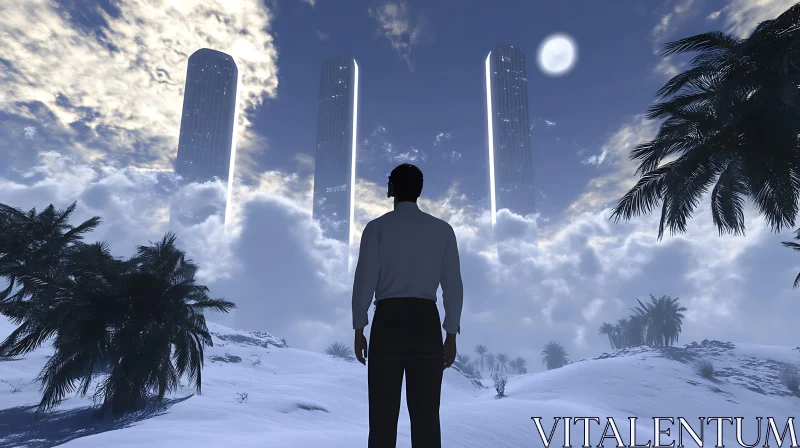 Man in Front of Futuristic Skyscrapers and Moonlit Clouds AI Image