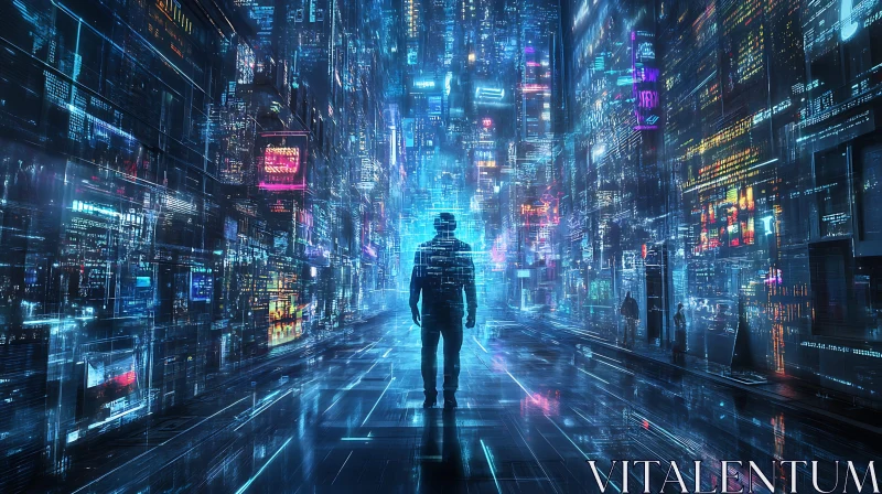 High-Tech Neon City with Silhouetted Figure AI Image