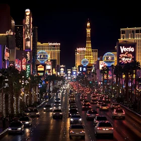 Las Vegas Nighttime Cityscape with Neon Lights and Traffic