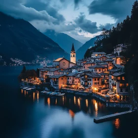 Charming Scenic Town by Water at Dusk