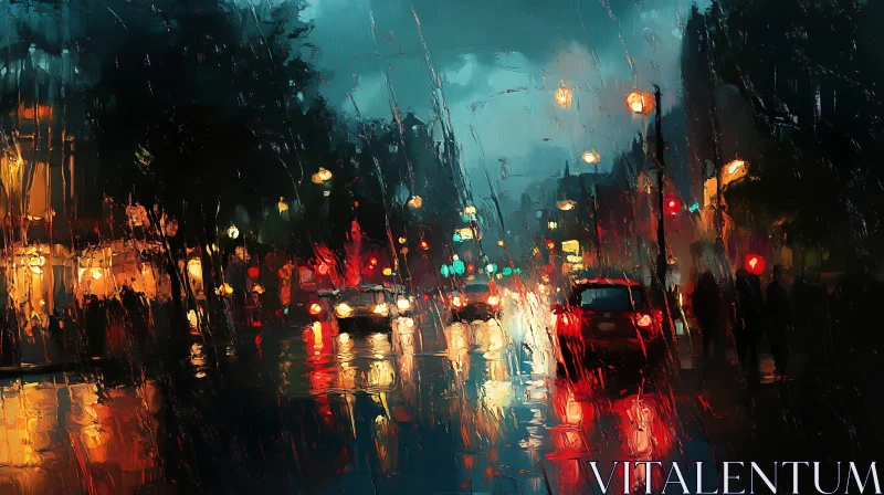 Urban Rain Scene with Blurred Lights AI Image