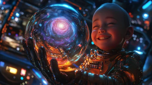 Futuristic Child Holding Galactic Globe