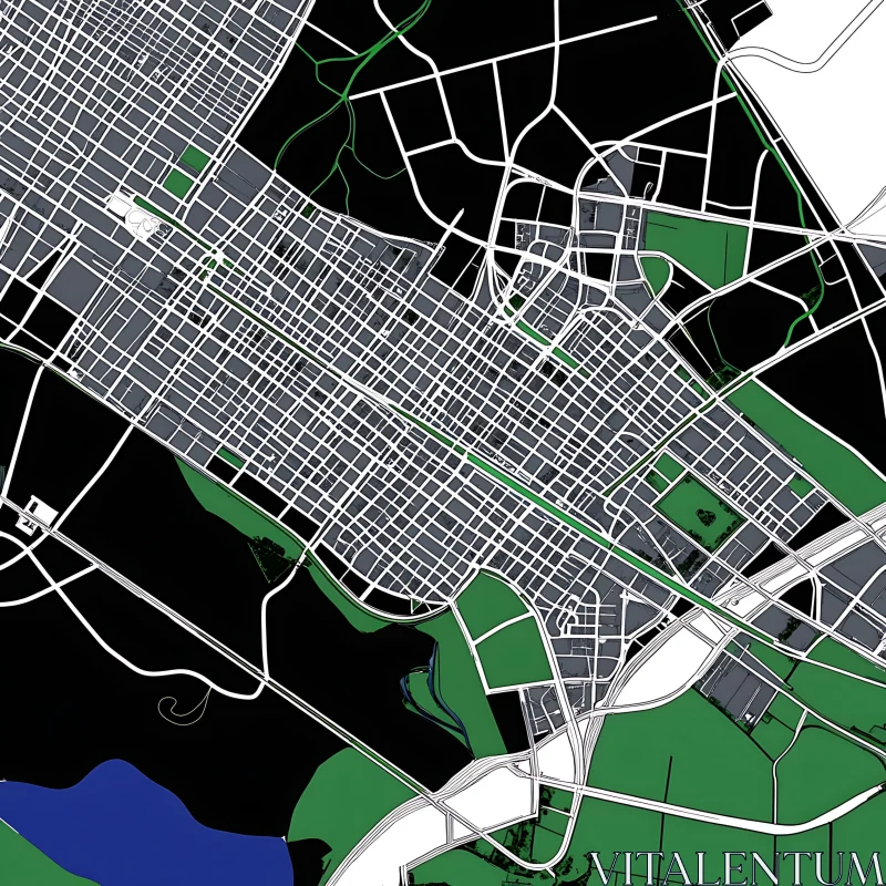 Urban City Map with Green Spaces AI Image