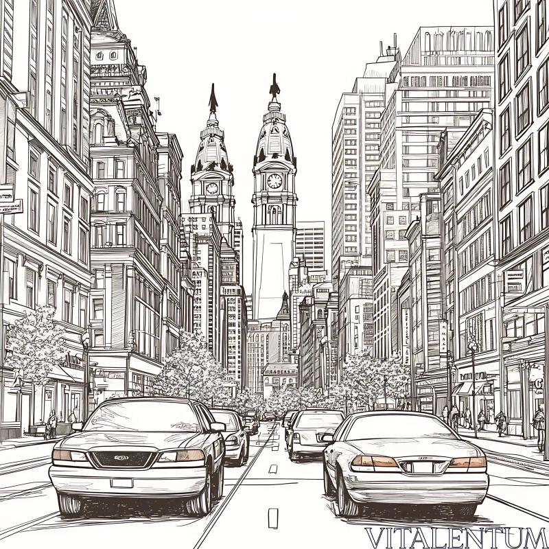 Hand-Drawn Cityscape with Clock Towers AI Image