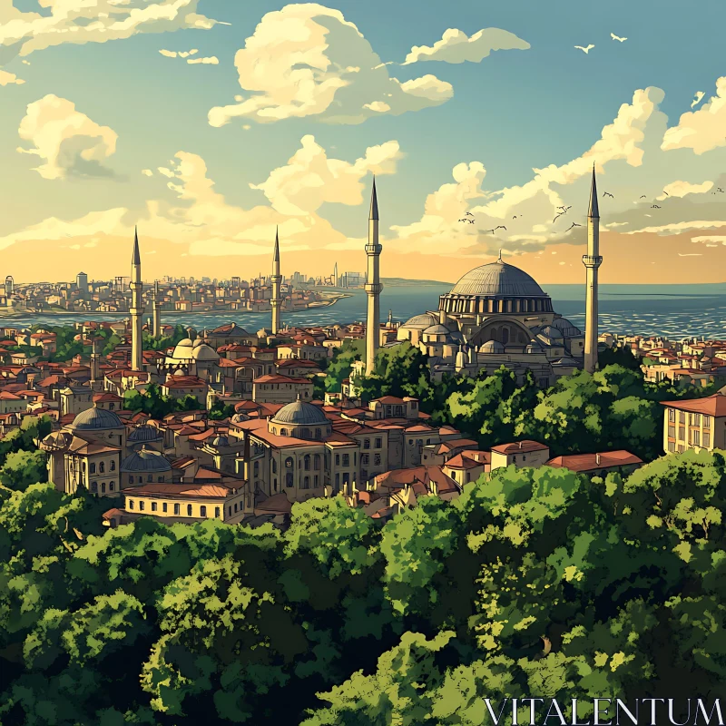 Majestic City View with Mosque and Minarets During Sunset AI Image