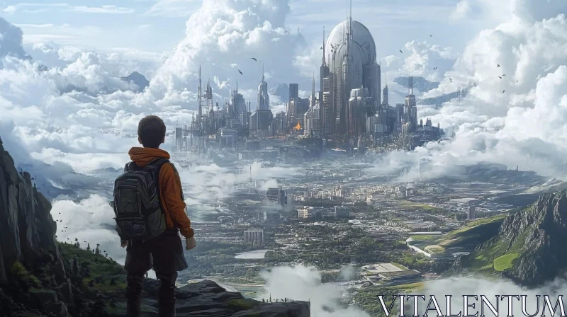 Explorer Overlooking a Futuristic Cloud City AI Image