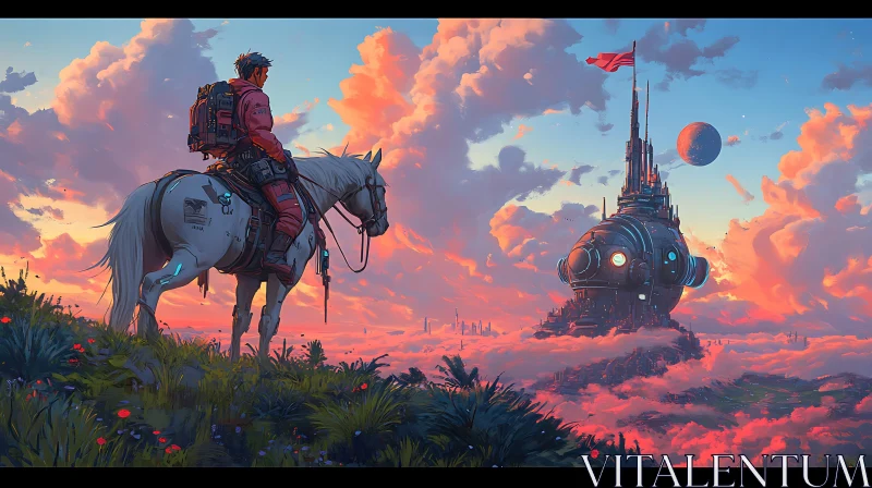 Futuristic Rider and Towering Structure Against Vibrant Sky AI Image