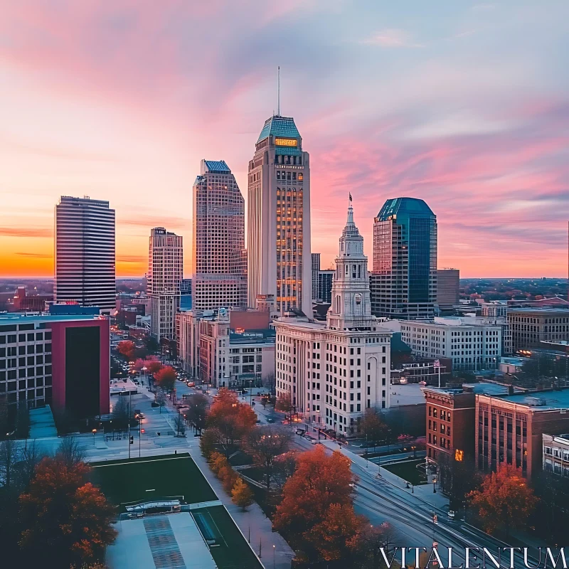 AI ART Urban Skyline at Sunset with Historic and Modern Architecture