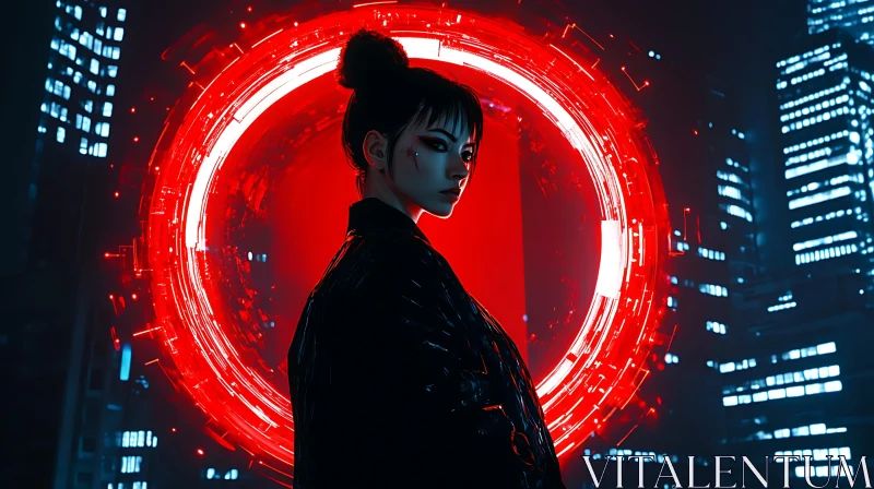 Cyberpunk Female in Neon Urban Landscape AI Image