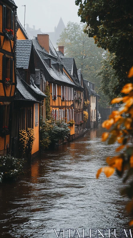 Charming Half-Timbered Houses in Flooded Street AI Image